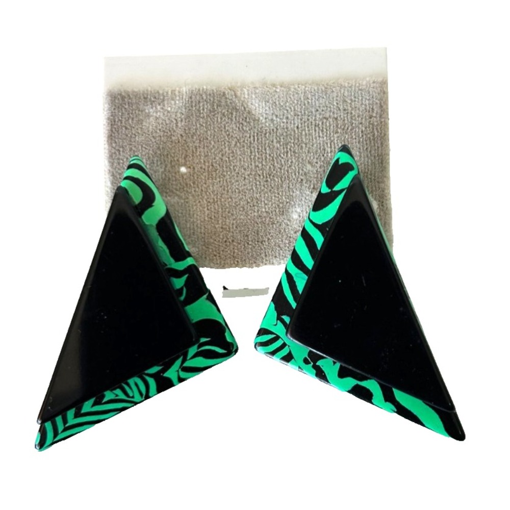 Vtg 80s Neon Green Black Zebra Triangle Post Earrings Carded Unworn Corner Flaw